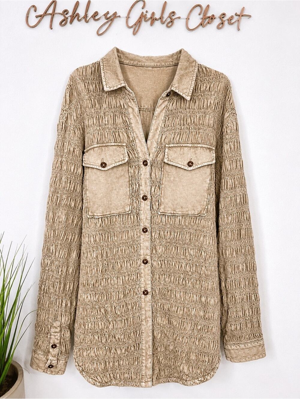 Pilcro Anthropologie Smocked Textured Button Down Shacket Small